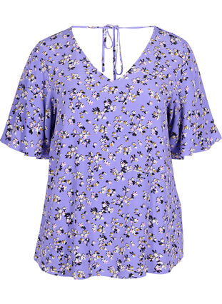Zizzi Blomstrete viskosebluse med snøredetalj, Lilac Flower Print, Packshot image number 0