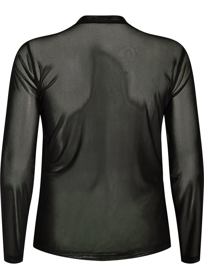 Tett sittende meshbluse med lange ermer, Svart, Packshot image number 1