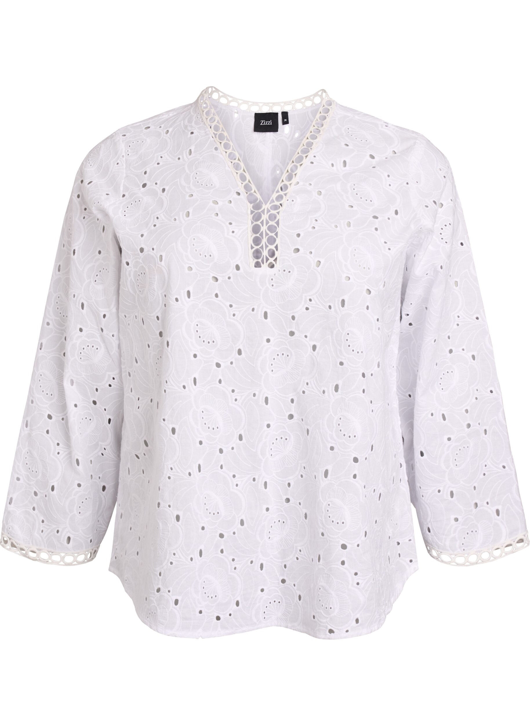 Langermet bomullsbluse med broderie anglaise