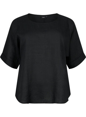 Kortermet bluse av 100% Lin, Black, Packshot image number 0