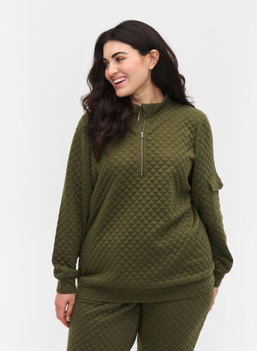 Quiltet genser med glidelås, Ivy Green, Model image number 0