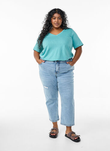 Zizzi Kortermet basic t-skjorte med v-hals, Grønn, Model image number 1