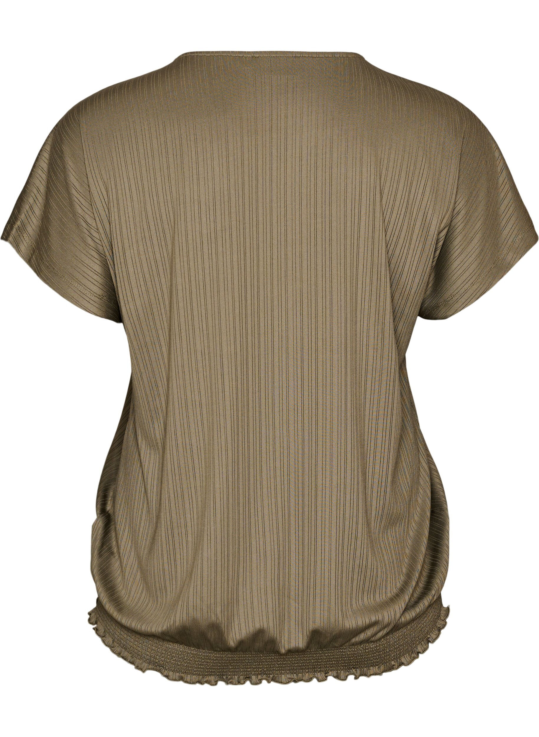 ZizziJerseybluse med teksturerte striper og en smocket fold, Brun, Packshot image number 1