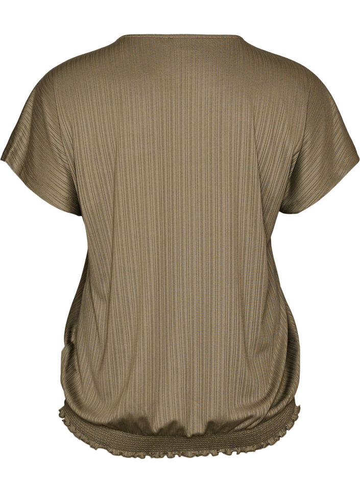Jerseybluse med teksturerte striper og en smocket fold, Brun, Packshot image number 1