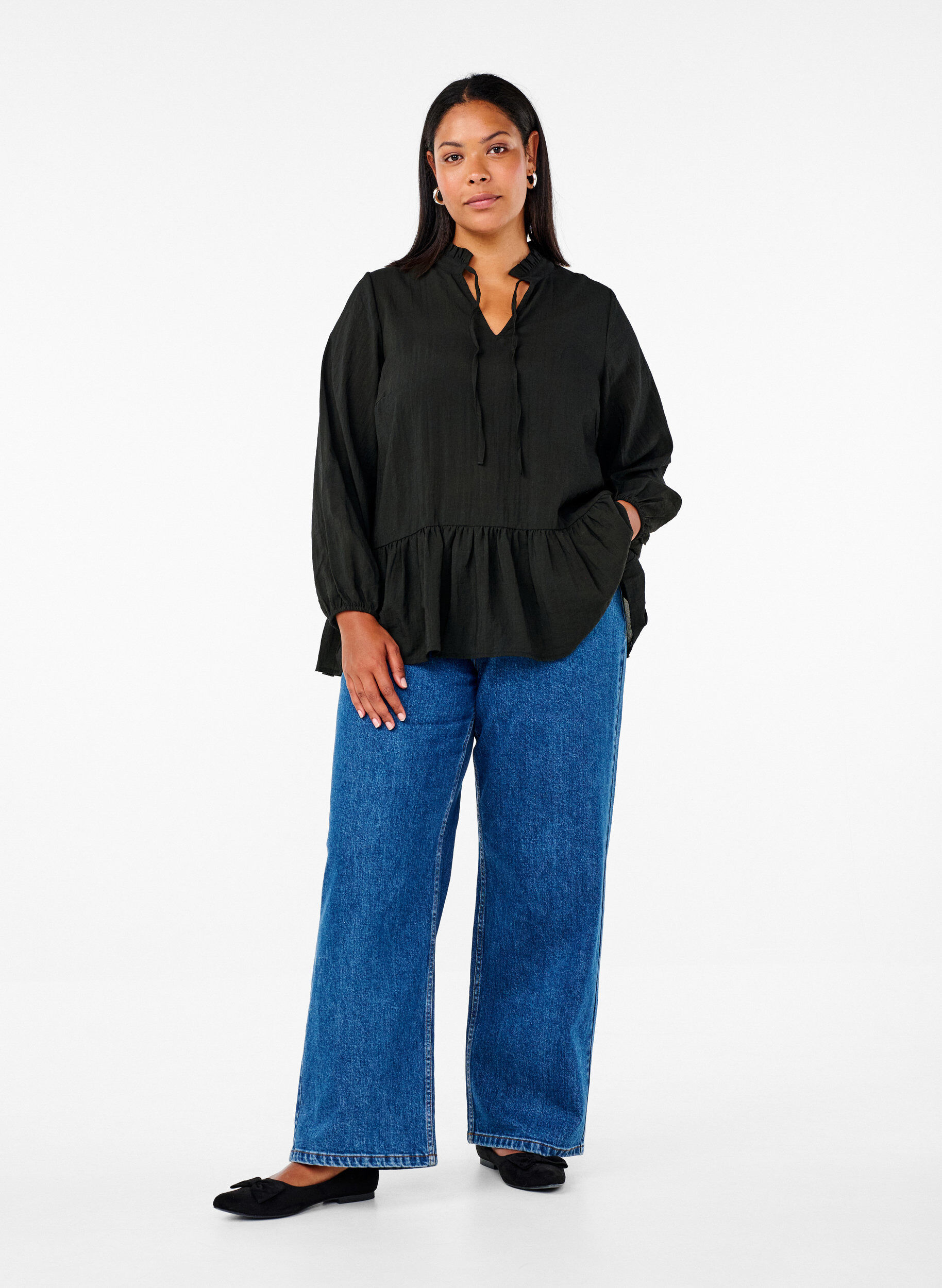 Zizzi Langermet bluse med peplum, Svart, Model image number 1