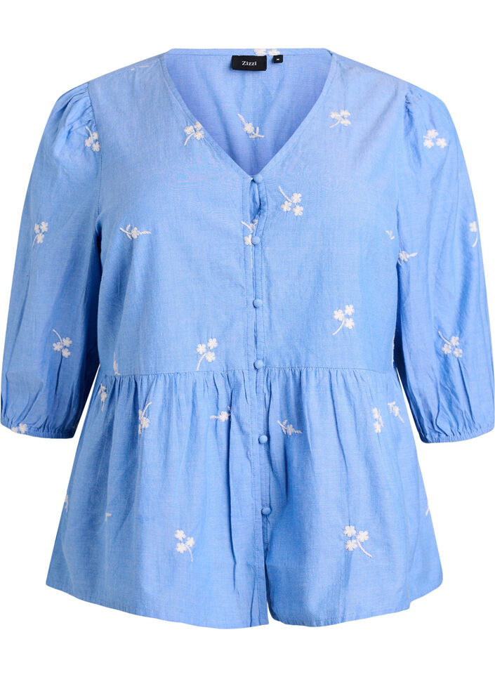 Bluse i bomull med broderte blomster og knappelukking, Bl&aring;, Packshot image number 0