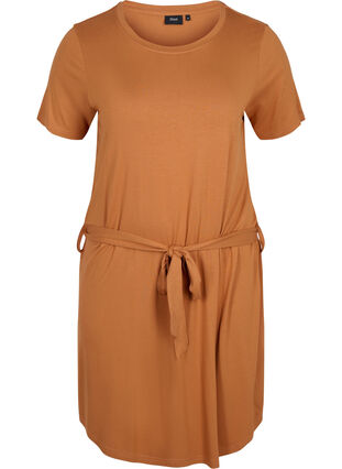 Kortermer kjole med midjebelte, Pecan Brown, Packshot image number 0