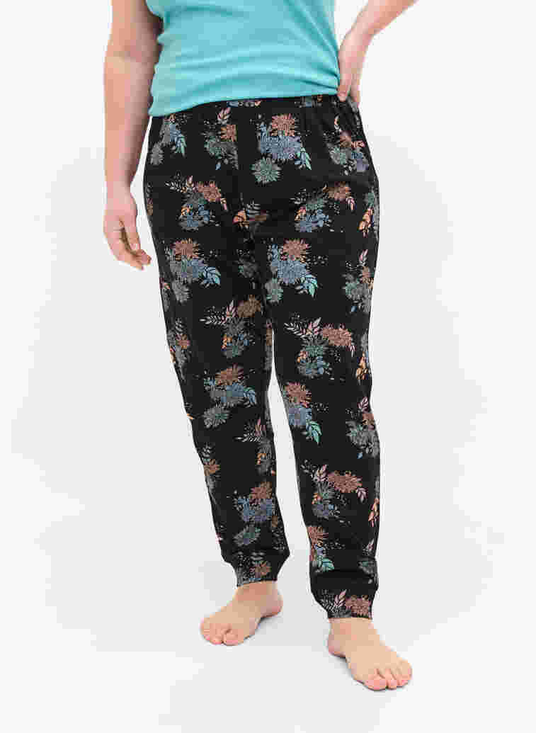 Pysjamasbukser med blomstermønster i bomull, Black Flower AOP, Model image number 1