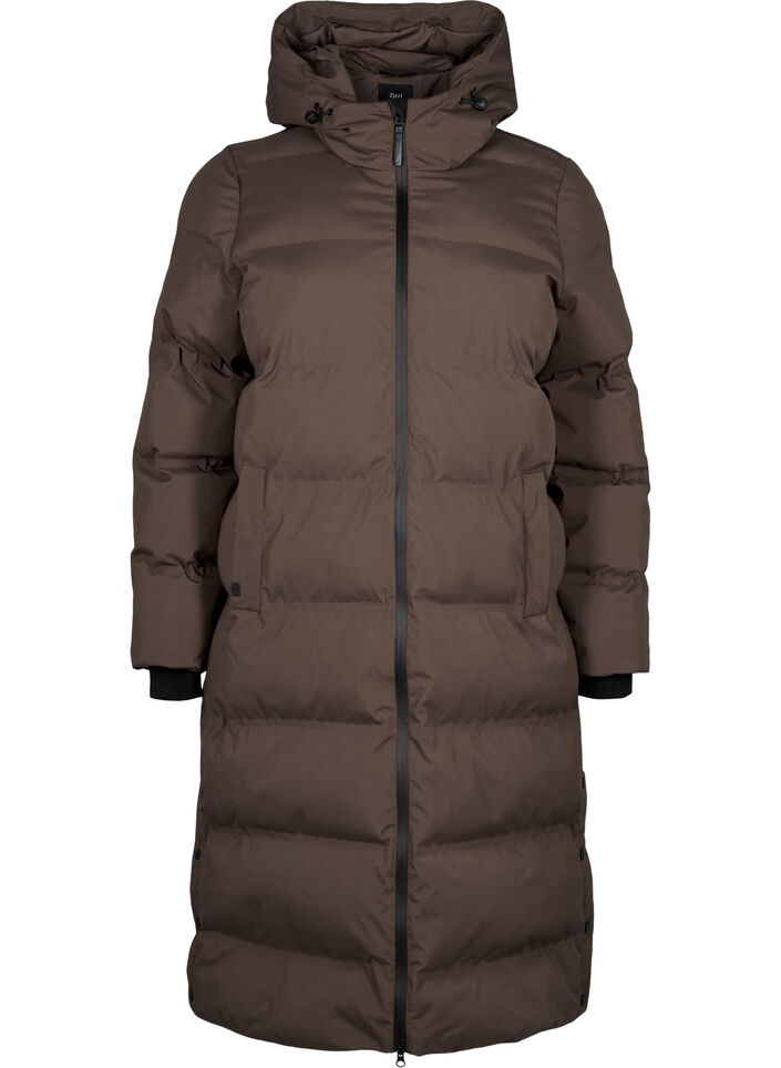 Lang vinterkåpe med hette, Brun, Packshot image number 0
