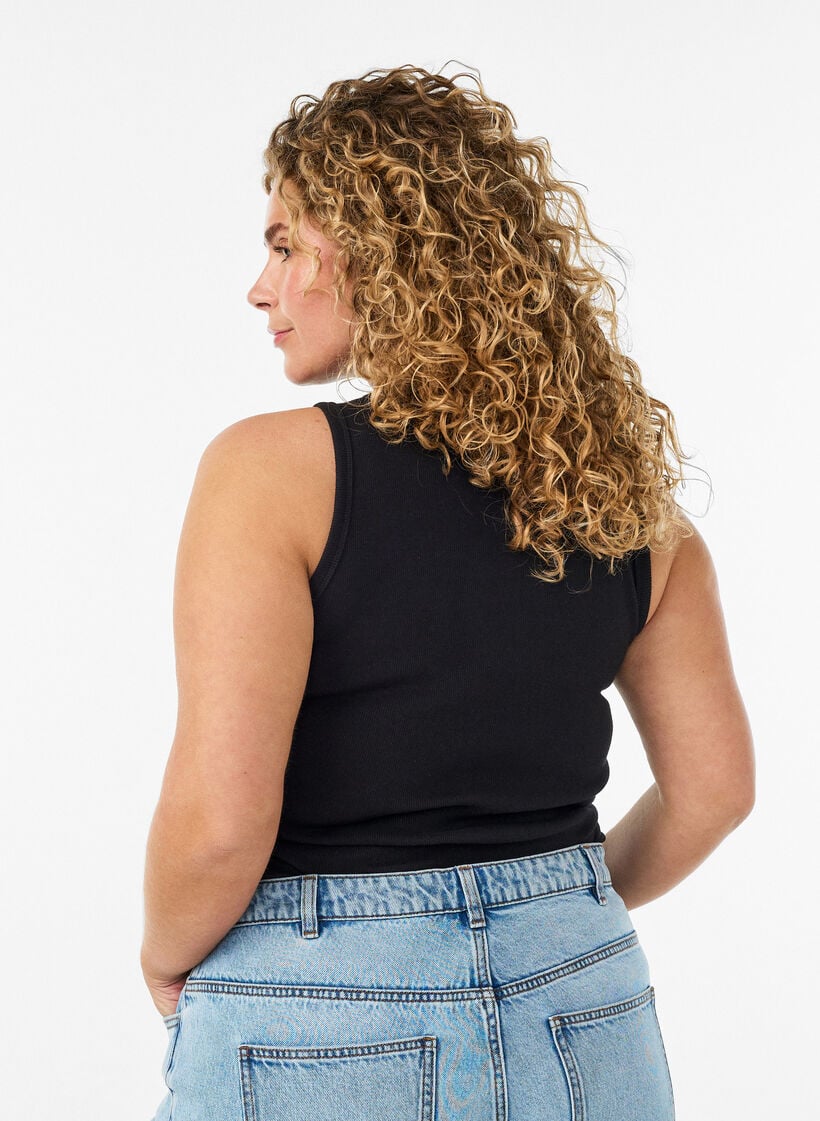 Ribbet topp i bomull med h&oslash;y hals, Svart, Model image number 2