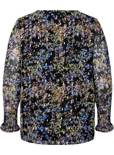Blomstrete bluse med lange ermer og V-hals, Black/Vibrant Flower, Packshot image number 1