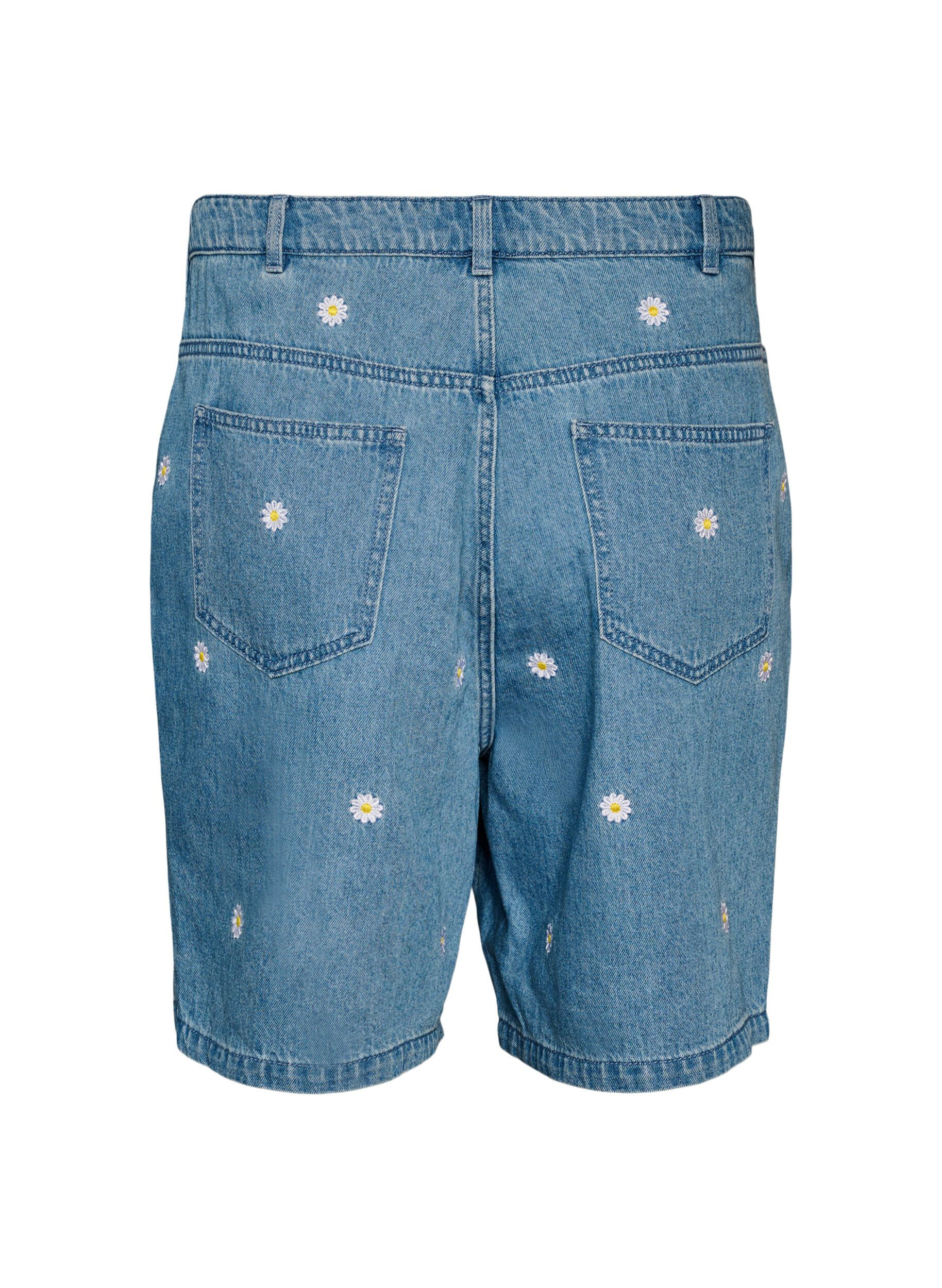 Zizzi H&oslash;ymidjede denimshorts med blomsterbroderi, Bl&aring;, Packshot image number 1