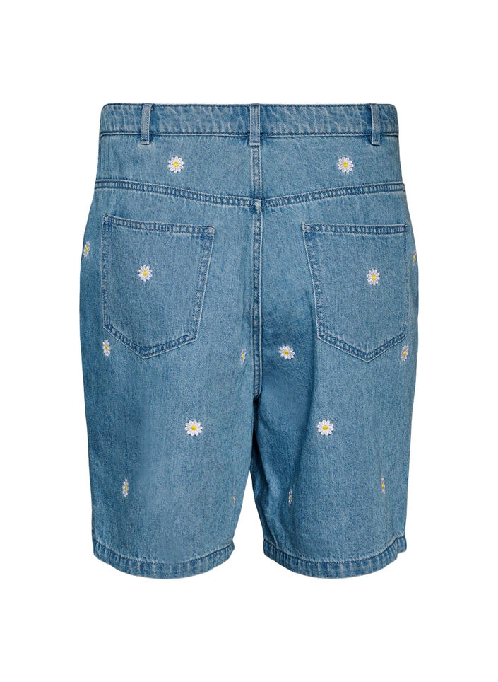 H&oslash;ymidjede denimshorts med blomsterbroderi, Bl&aring;, Packshot image number 1