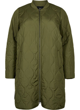 Lang quiltet jakke med lommer og glidelås, Winter Moss, Packshot image number 0