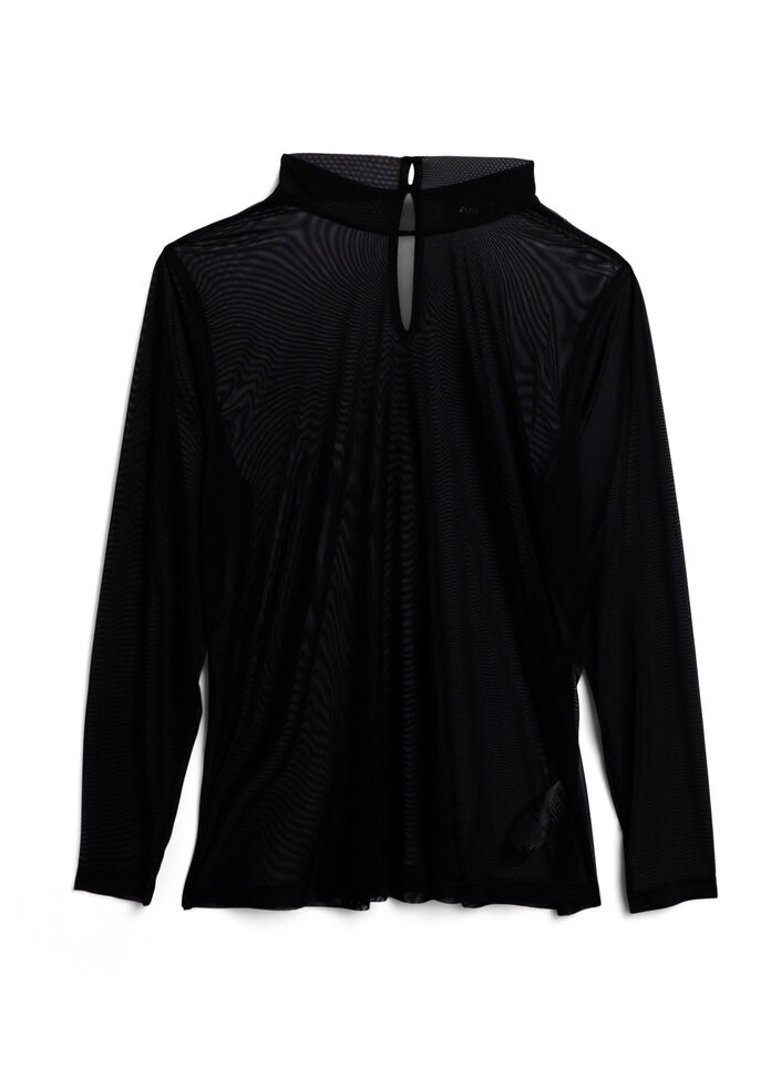 Tett sittende meshbluse med lange ermer, Black, Packshot