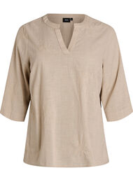 Bluse i bomull med broderte detaljer og 3/4 ermer, Beige