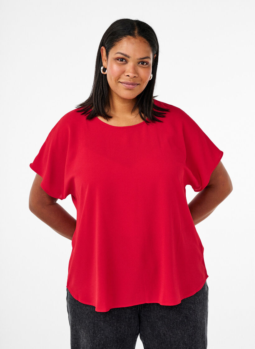 Bluse med korte ermer og rund hals, R&oslash;d, Model image number 0