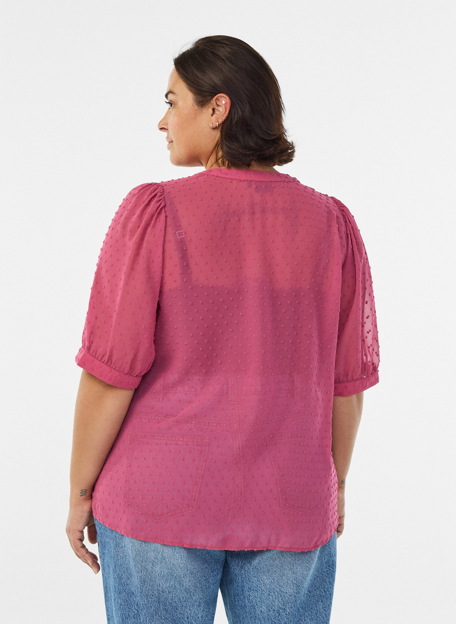 Zizzi Kortermet skjortebluse med prikket tekstur, Rosa, Model image number 2