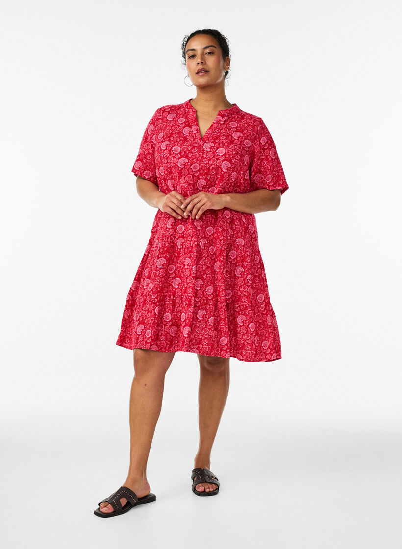 Kort A-linjekjole i bomullsmuslin, R&oslash;d, Model image number 1