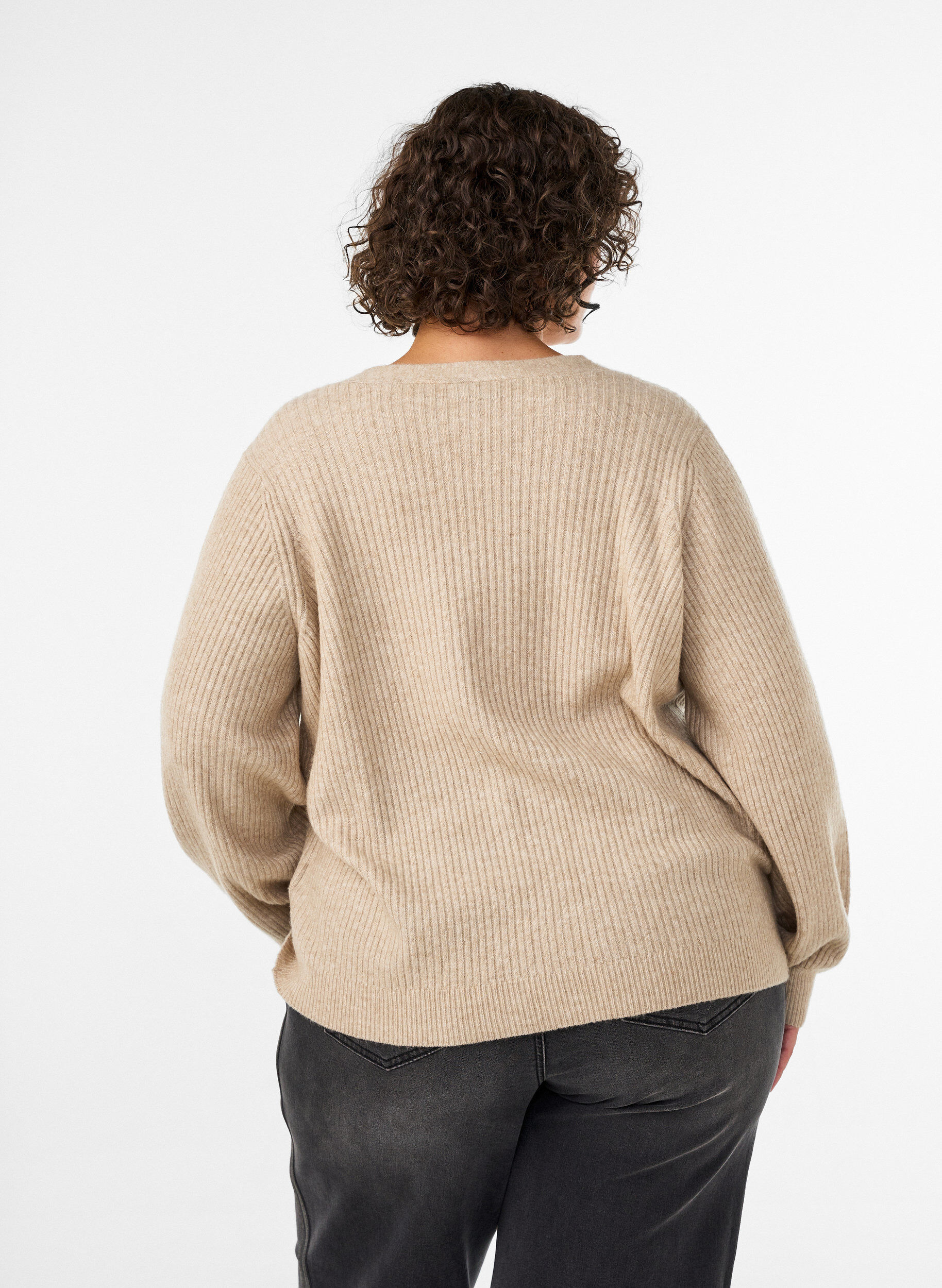 ZizziCardigan med V-hals og ribbestruktur, Beige, Model image number 2