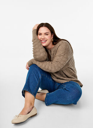 Zizzi Langermet strikket bluse med et åpent mønster, Desert Taupe, Image image number 0