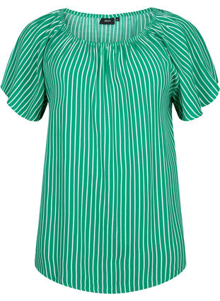 Stripete viskosebluse med korte ermer, J.Green/White Stripe, Packshot image number 0