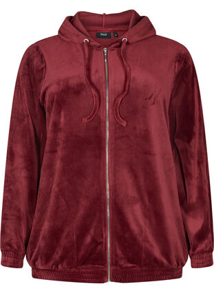 Velourcardigan med glidelås og hette, Cabernet, Packshot image number 0