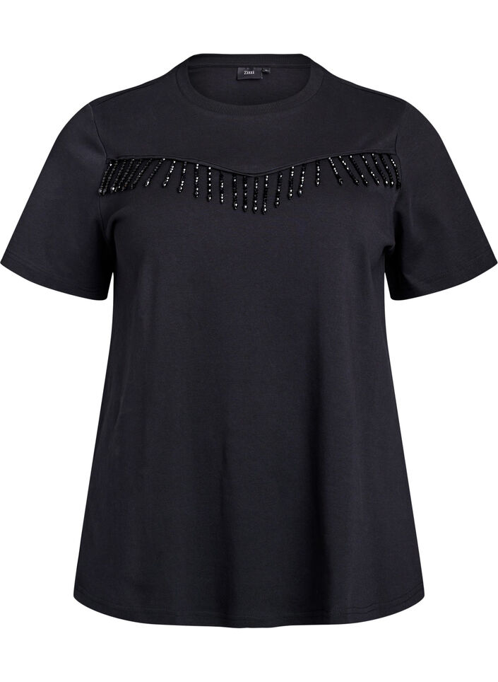 T-skjorte i 100% organisk bomull med perlefranser, Black, Packshot