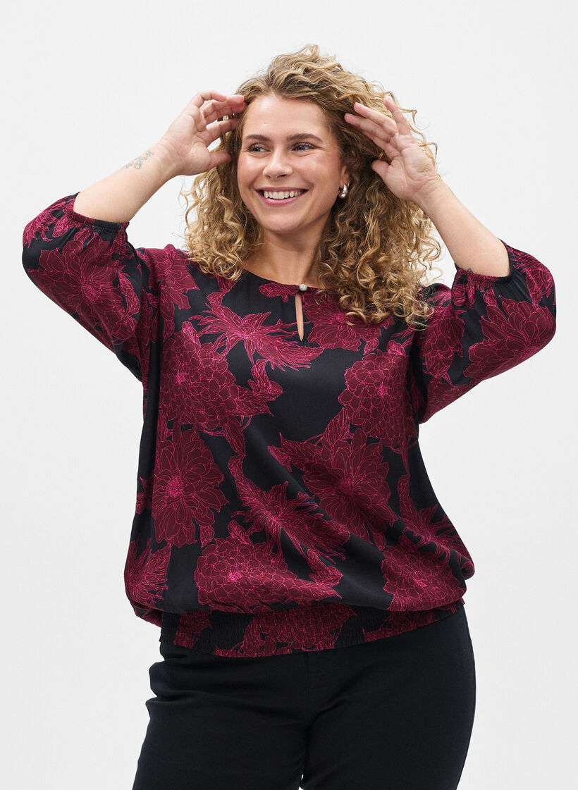Viskose bluse med blomstertrykk og smocking, M&oslash;rk Bordeaux, Model image number 0