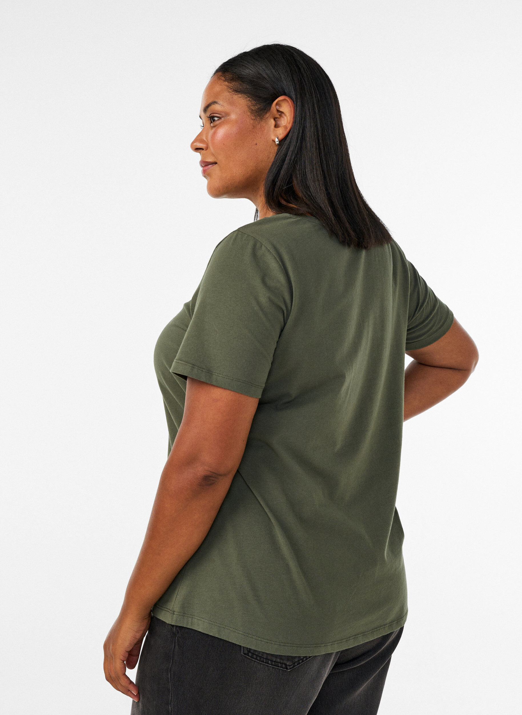 ZizziEnsfarget basic T-skjorte i bomull, Gr&oslash;nn, Model image number 2