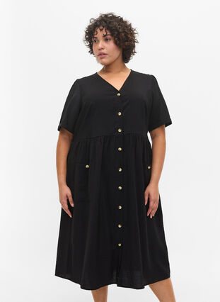 Kortermet kjole med knapper og lommer, Black, Model image number 0