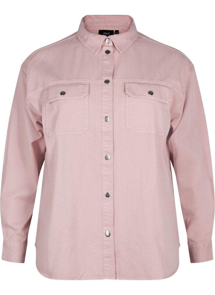 Ensfarget dongeriskjorte med brystlommer, Pale Mauve, Packshot image number 0