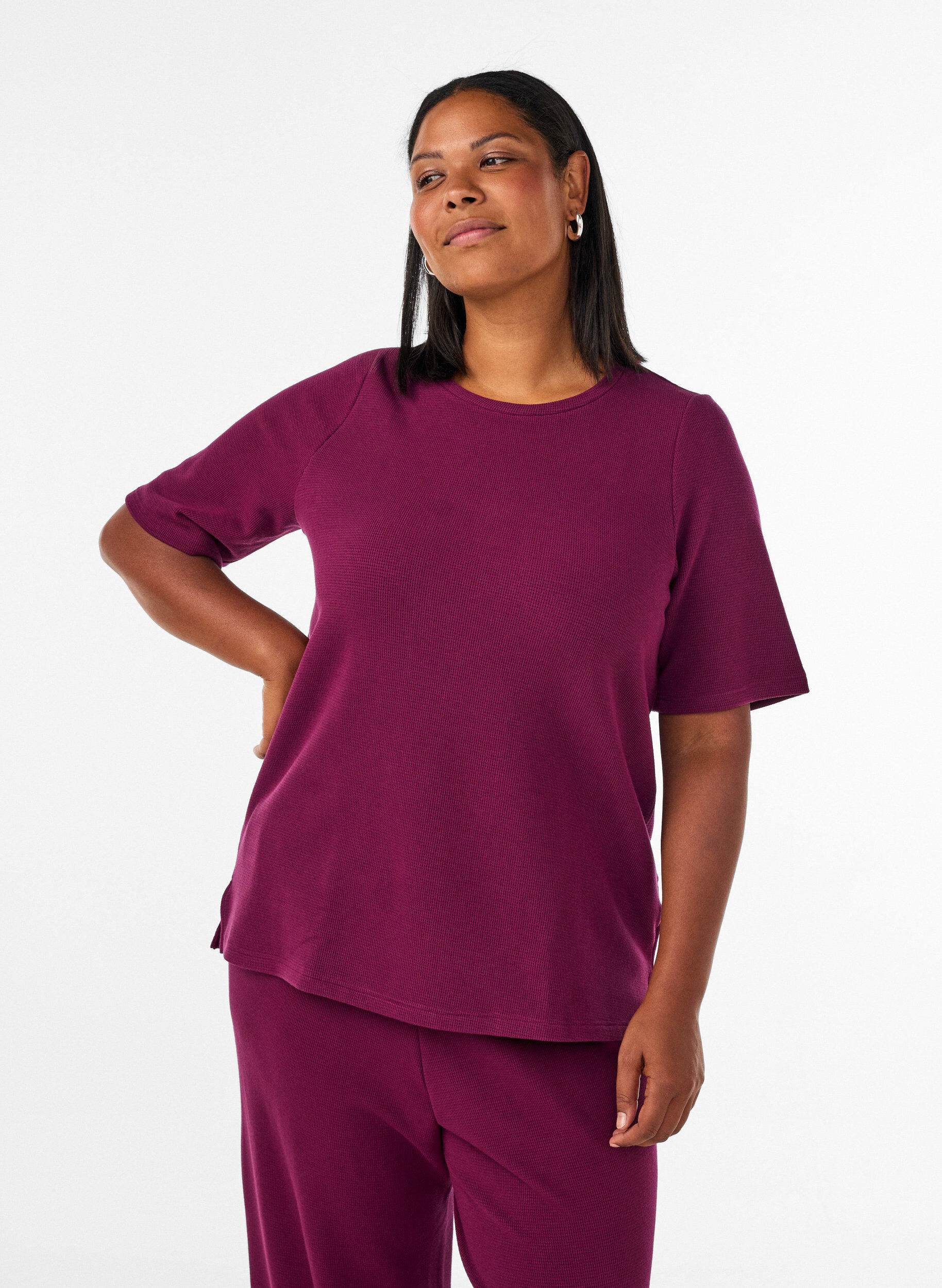 ZizziBluse med tekstur og albuelange ermer, R&oslash;d, Model image number 0