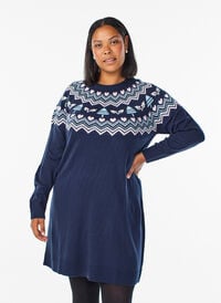 Kort strikkekjole med jacquardmønster og julemotiver, Blå Kort strikkekjole med jacquardmønster og julemotiver, Blå, Model