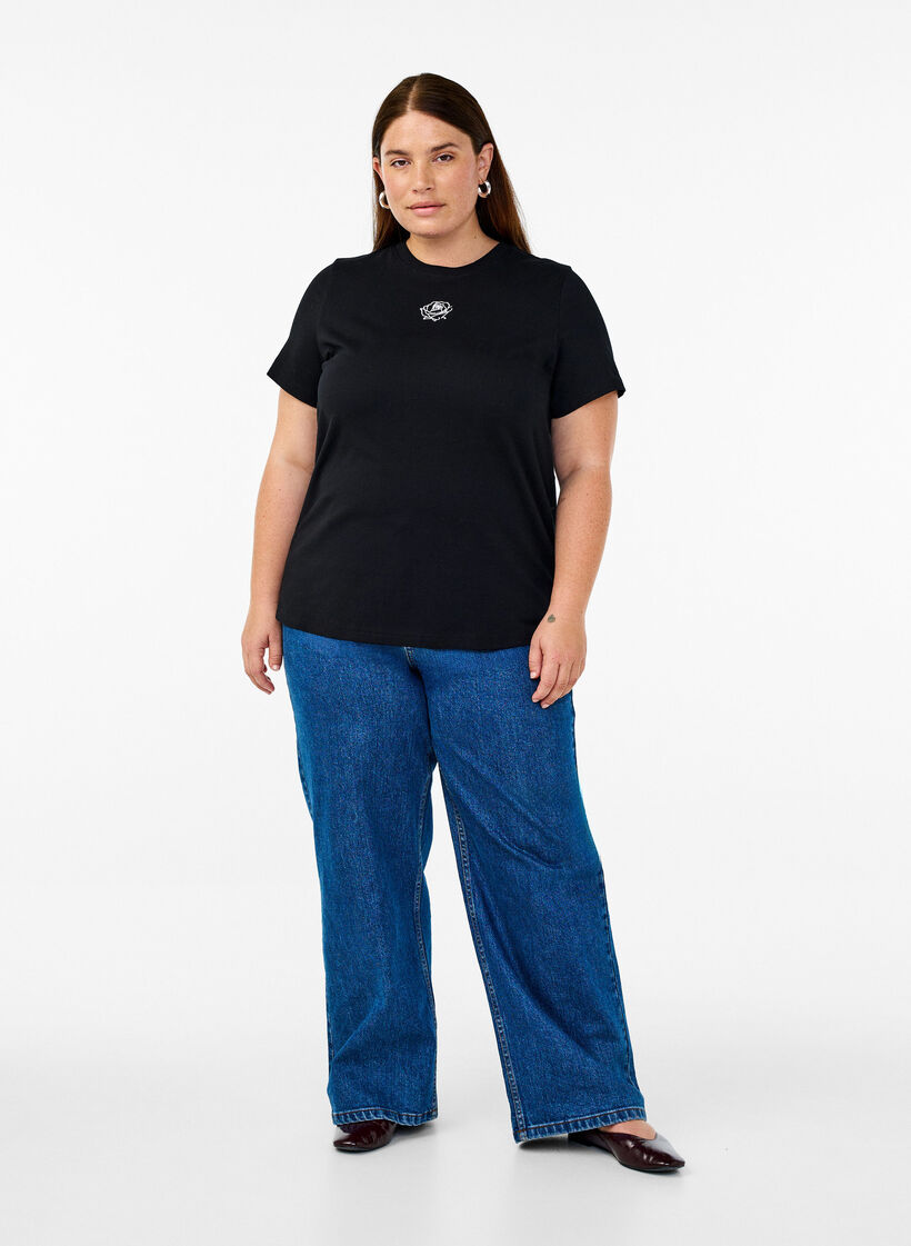 Bomulls T-skjorte med broderidetalje, Svart, Model image number 1