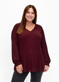Plissé bluse med lange ermer og V-hals, Fudge, Model