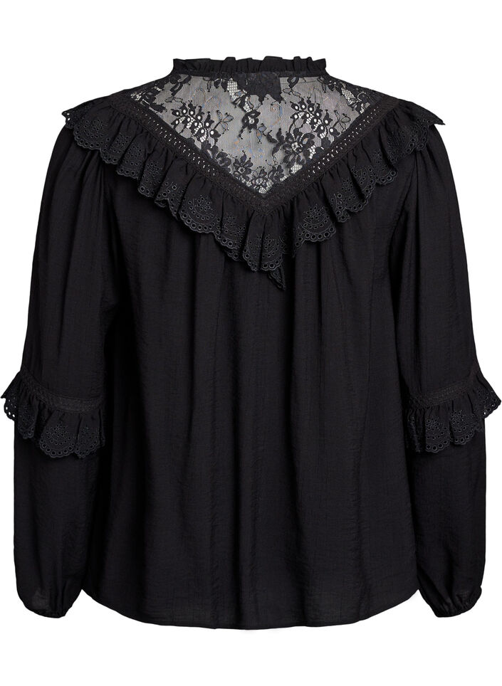 Viskose bluse med blonder og volanger, Black, Packshot
