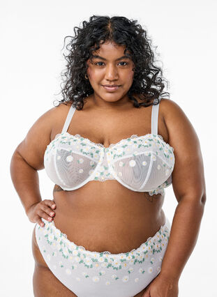 Zizzi Balconette-BH i mesh med tusenfryd broderi, Hvit, Model image number 0