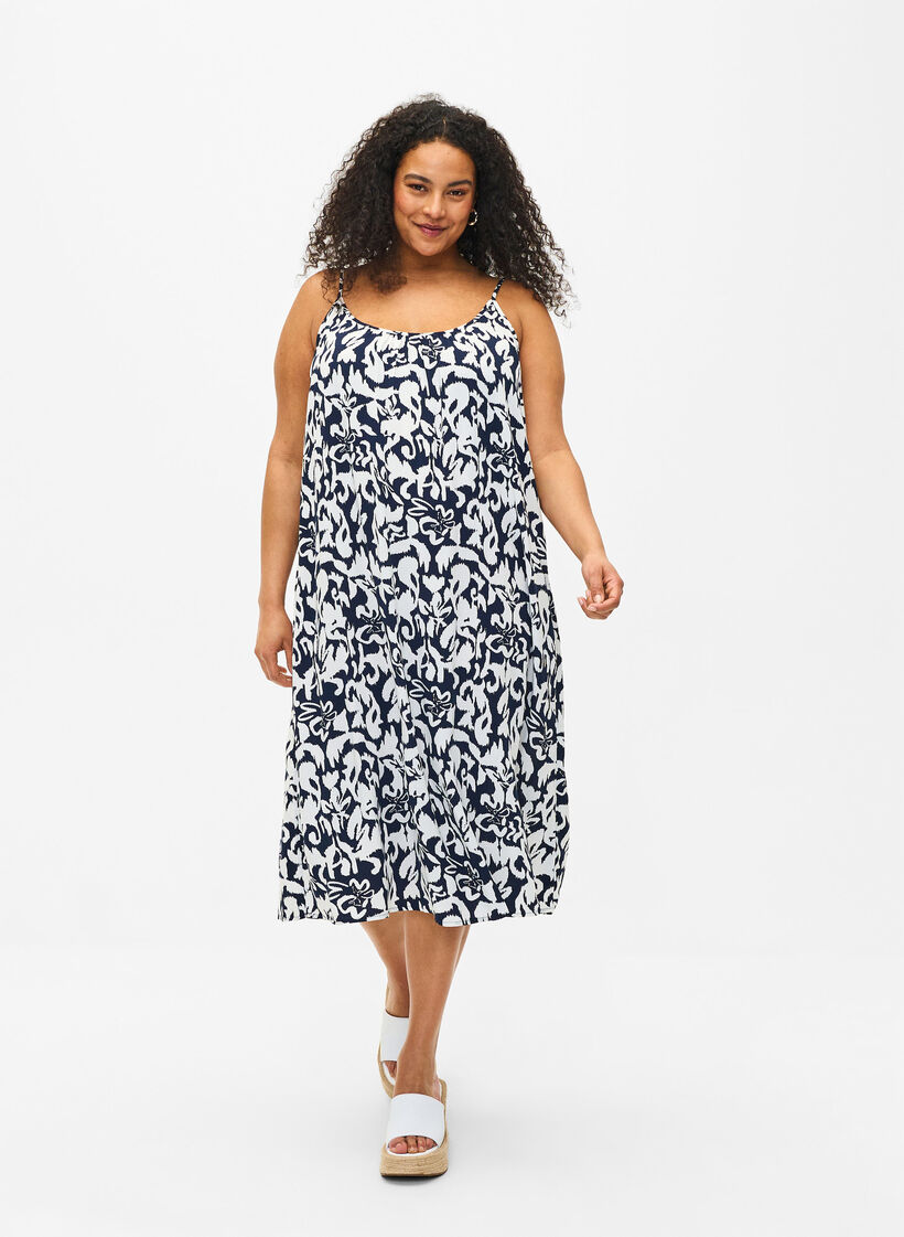 Kjole i viskose med stropper og trykk, Navy Bl. Ethnic AOP, Model image number 0
