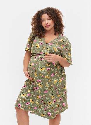 Kjole til gravide i viskose med omslagseffekt, Green Flower Print, Model image number 0
