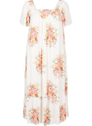 Lang kjole med kvadratisk utringning og blomster-motiver, Vanilje