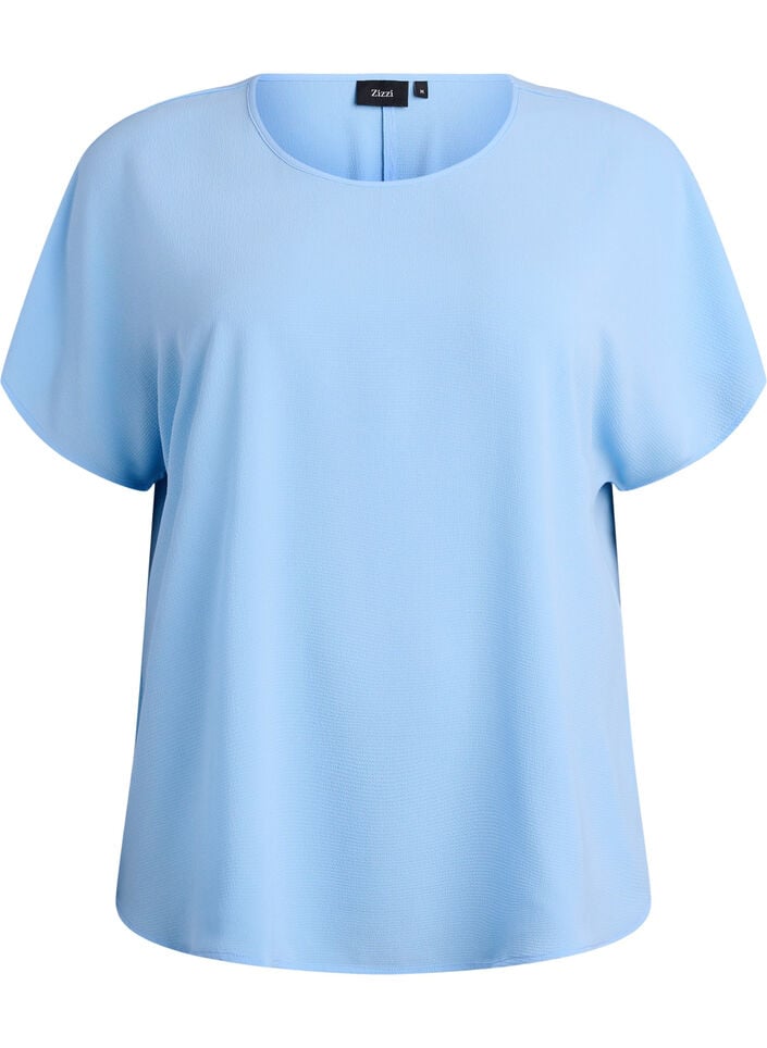 Bluse med korte ermer og rund hals, Bl&aring;, Packshot image number 0