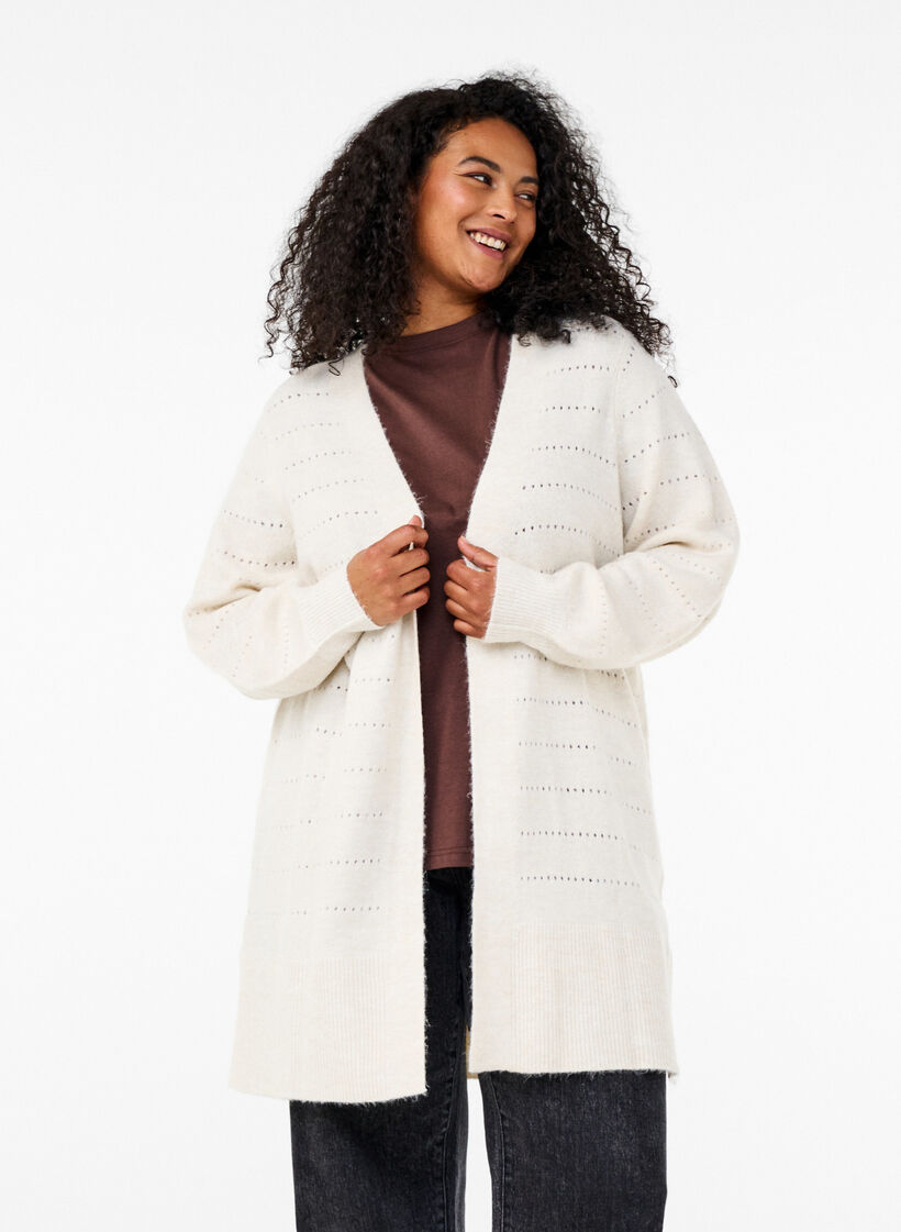 Lang strikket cardigan med blondemønster, Birch Mel., Model image number 0
