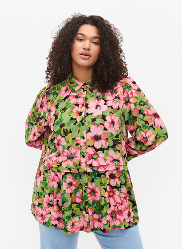 Zizzi Blomstrete skjorte i viskose, Pink G. Flower AOP, Model image number 0