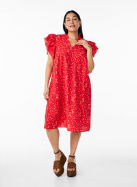 Kort kjole med volanger, Rød Kort kjole med volanger, Rød, Model
