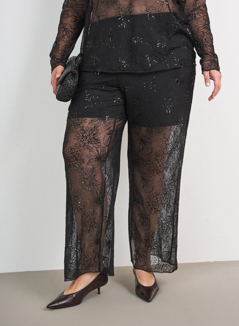 Bluse i mesh med blomster og paljetter, Svart, Model image number 3