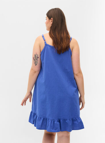 Bomullskjole med tynne stropper og A-form, Dazzling Blue, Model image number 1