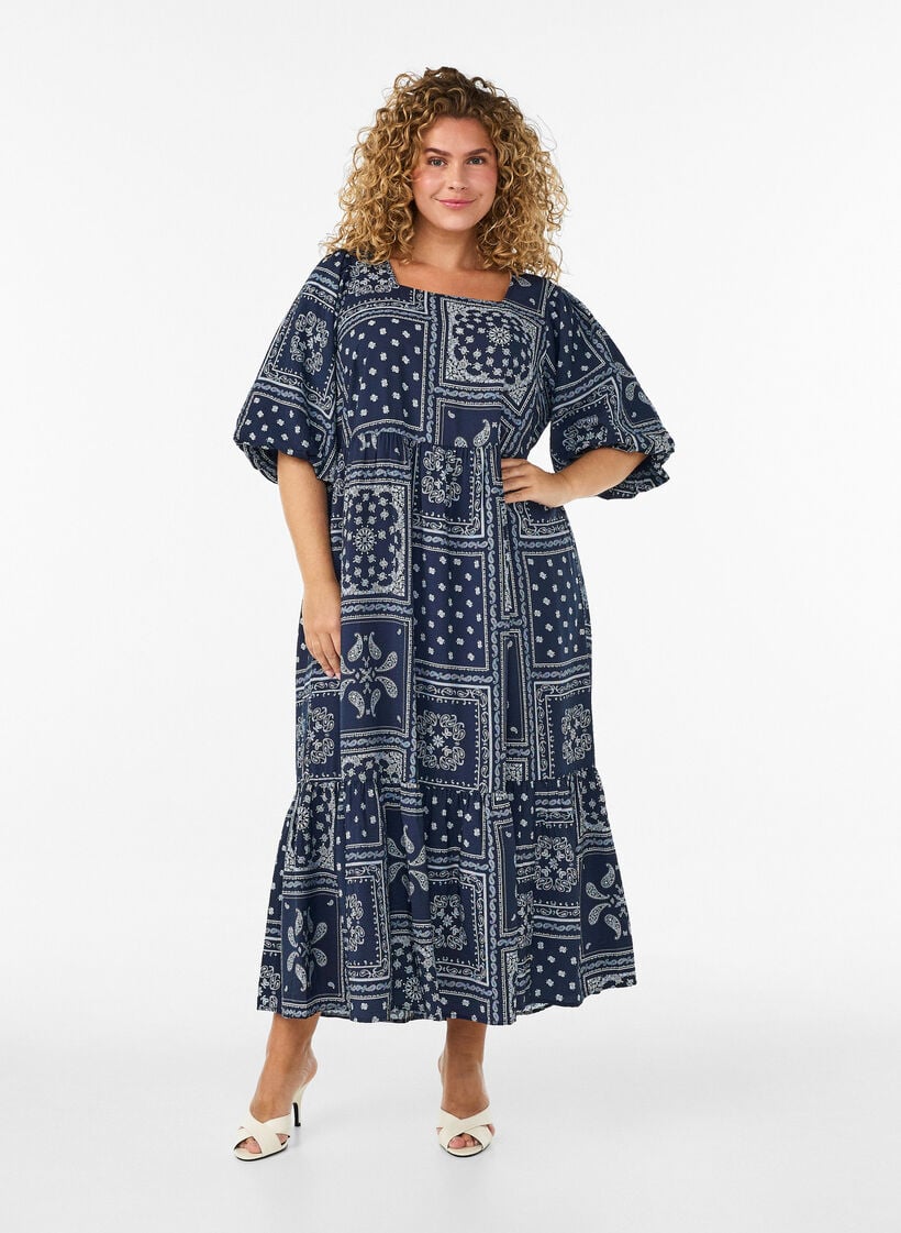 Ankellang kjole i viskose med paisley-trykk og korte ermer, Bl&aring;, Model image number 0