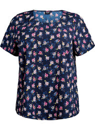 FLASH - Kortermet bluse med tekstur, Dark Blue Flower