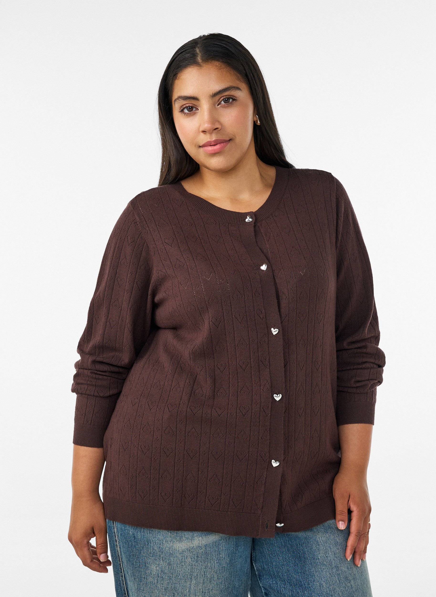Strikket cardigan med hjerte hullbroderi, Brun, Model